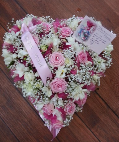 pink roses and white freesia heart